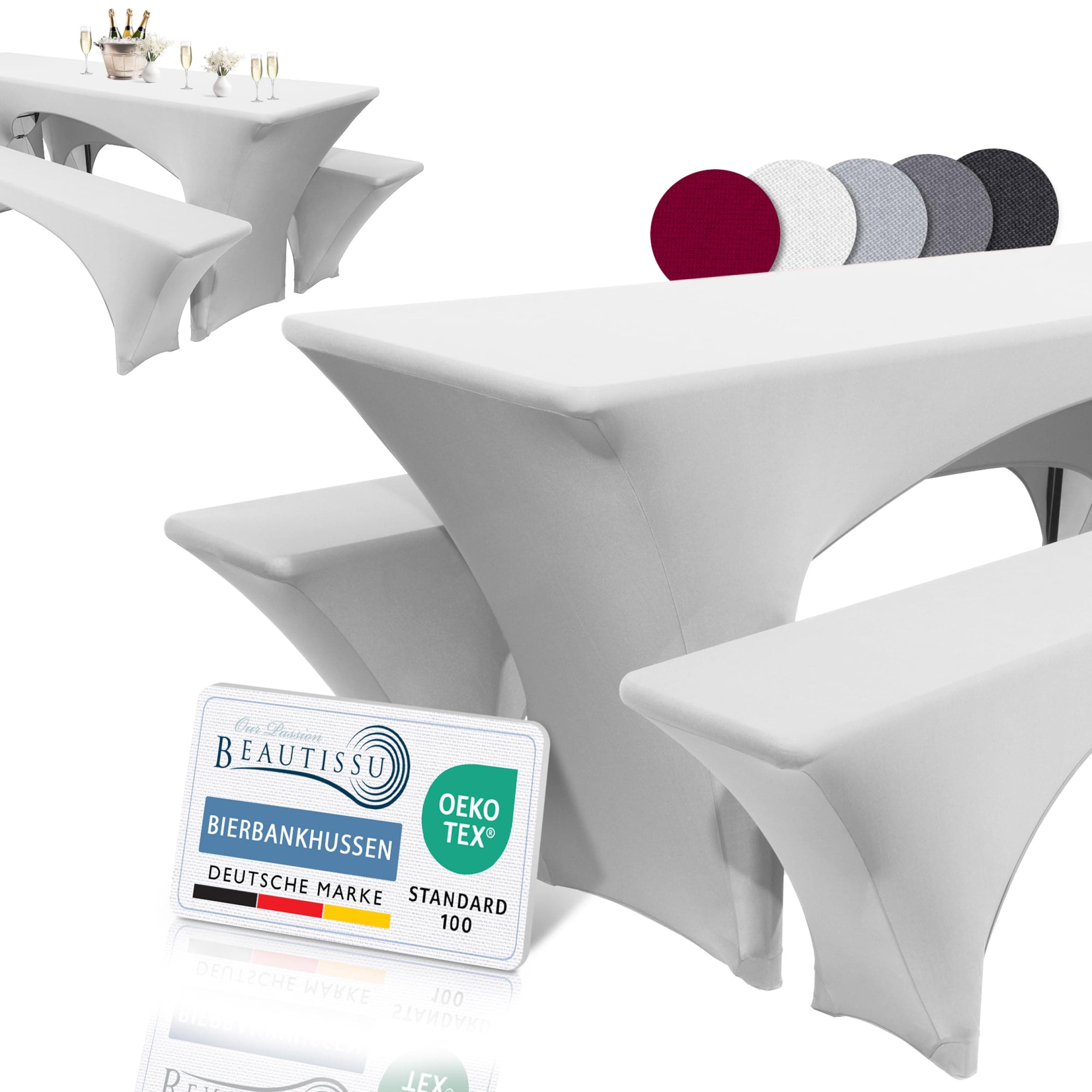 Beautissu Stretchhussen Set 3tlg. elastische Hussen für Bierzeltgarnitur | 220x50cm Weiß festliche Husse Biertisch + 2 Bierbank Edles Bierbankhusse Festzelt Deko Victoria für 50cm Tische Weiß Angebot bei HelloDeals