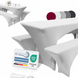Beautissu Stretchhussen Set 3tlg. elastische Hussen für Bierzeltgarnitur | 220x50cm Weiß festliche Husse Biertisch + 2 Bierbank Edles Bierbankhusse Festzelt Deko Victoria für 50cm Tische Weiß Angebot bei HelloDeals