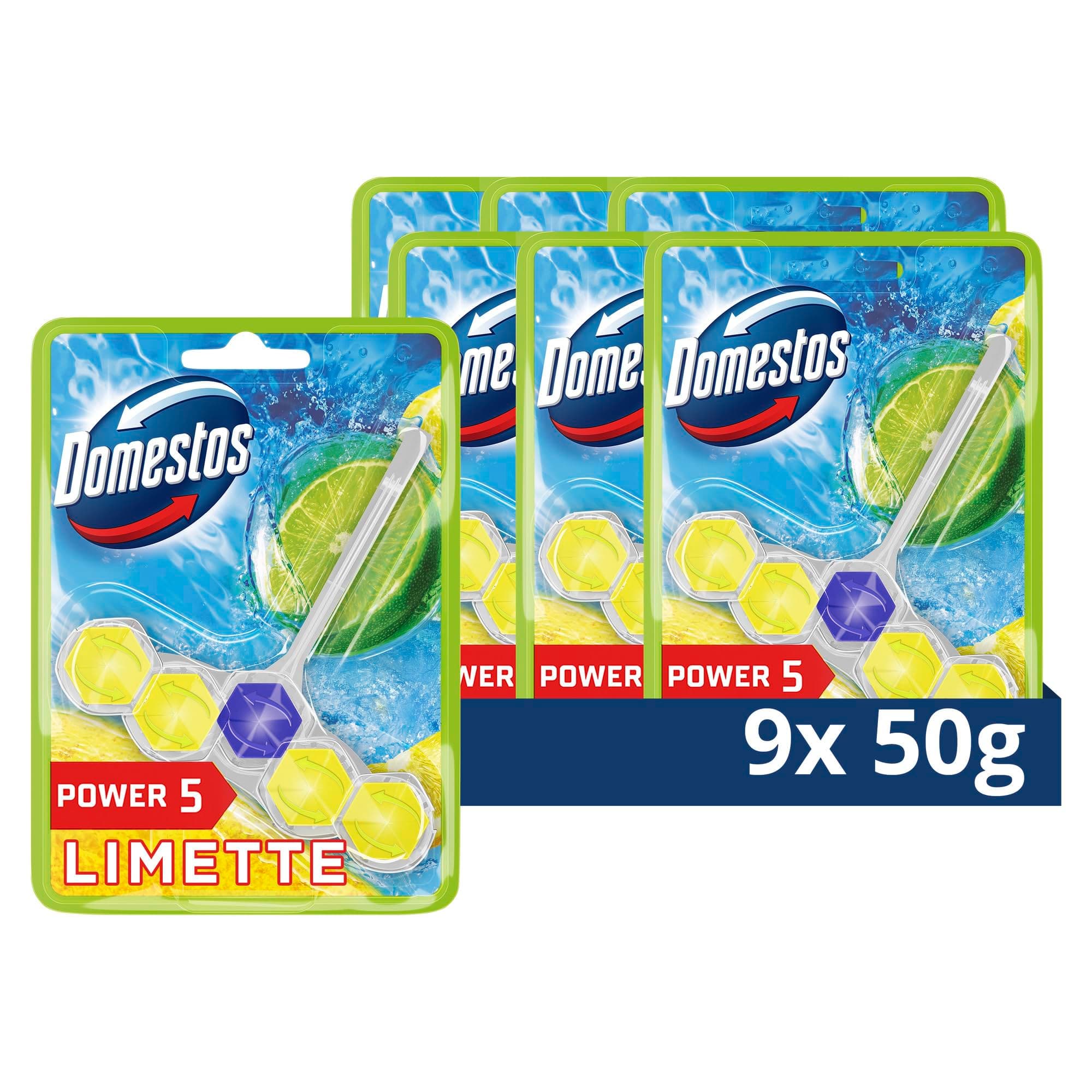 Domestos Power 5 Toilettenstein Limette 9x 50 g | Hygiene-Kraft, Anti-Kalk-Schild, Kraftschaum, effektive WC-Reinigung, intensiver, langanhaltender Duft, 9x 50 g, WC-Stein 1 stück (9er Pack) Angebot bei HelloDeals