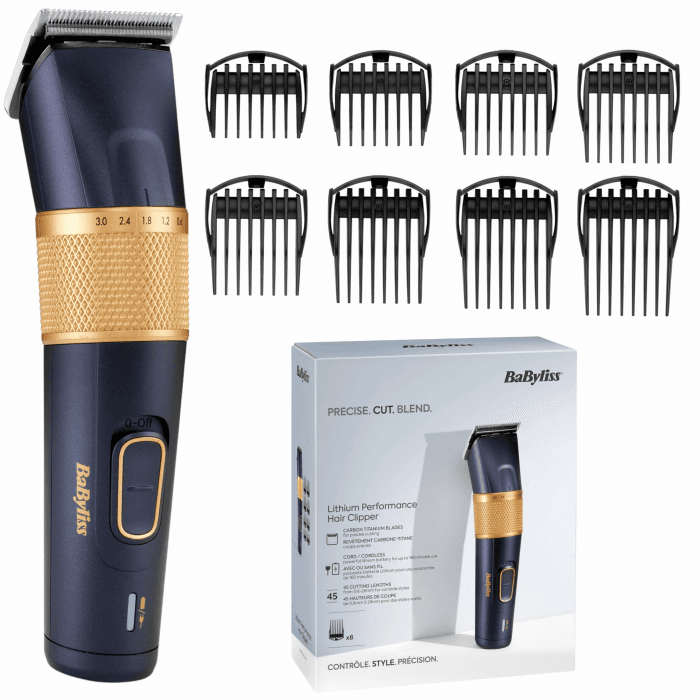BaByliss Lithium Performance Haarschneider – Kabellose Profi-Leistung, 45 Längeneinstellungen (0,6–28 mm), Lithium-Akku, Dunkelblau/Gold, E986E Angebot bei HelloDeals