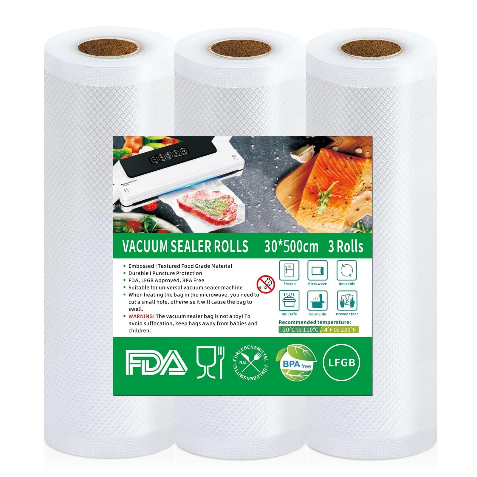 Vakuumierbeutel 3 Rollen Vakuumierfolie, 30x500cm Vakuumbeutel Lebensmittel, BPA-frei, Reißfest, 190µm, Vakuumierrollen für alle Vakuumierer, Mikrowellen, Sous Vide Gefrierbeutel 30X500cm-3rolls Angebot bei HelloDeals