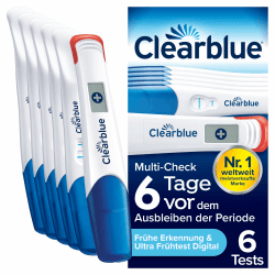 Clearblue Schwangerschaftstest Multi-Check Ultra Früh Kombipack, Ergebnisse 6 Tage früher (10m IU/ml), mit keinem anderen Test können Sie früher testen, 6 Teststäbchen (1 digital, 5 visuell) Angebot bei HelloDeals