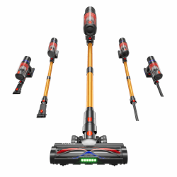 Akku Staubsauger Kabellos 650W 55KPa, 75Min Laufzeit, Selbststehend Akkustaubsauger, 8-in-1 Leichtes Handstaubsauger mit Grünes LED-Licht & Anti-Tangle-Bürste, für Tierhaare Teppiche Hartböden Auto Gold Angebot bei HelloDeals