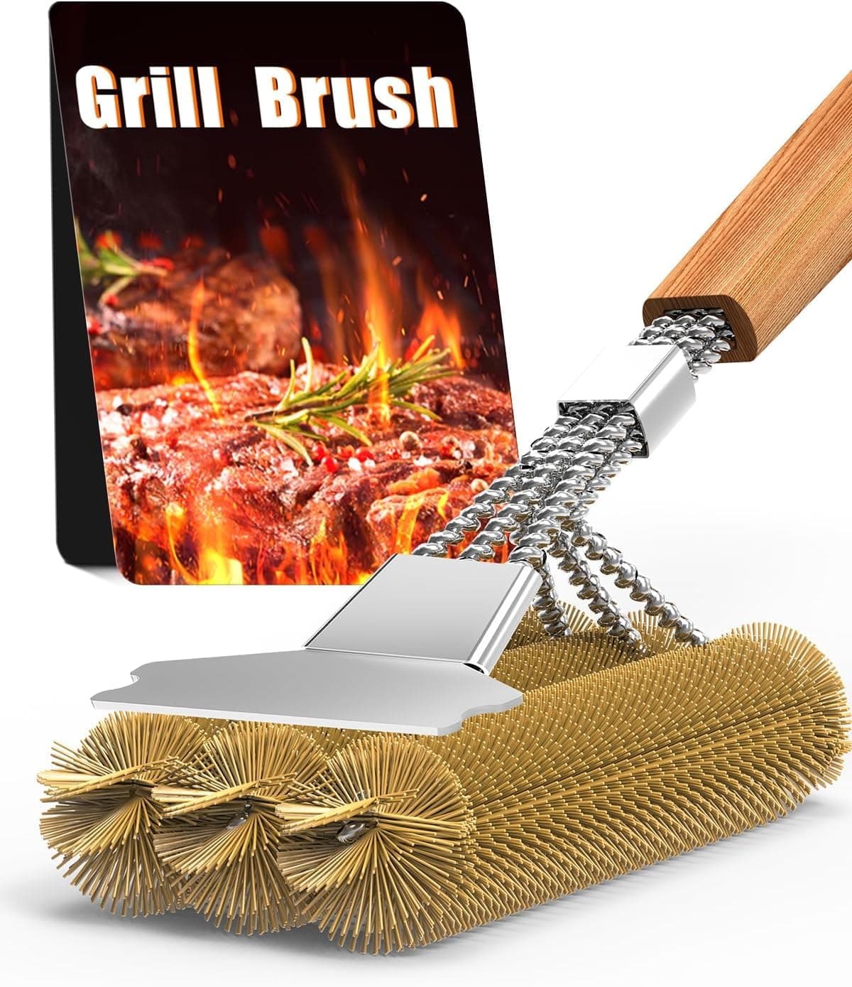 HAZENS Grillbürste Messing mit Edelstahl Schaber, 39cm Holzgriff | Für Gasgrill, Holzkohlegrill, Kugelgrill, Elektrogril und Grillrost Angebot bei HelloDeals
