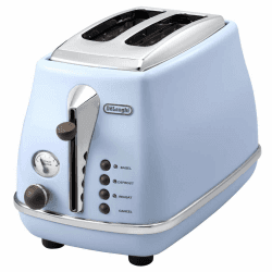 De'Longhi Toaster Icona Vintage CTOV2103.AZ - 2-Schlitz-Toaster mit Brötchenaufsatz, Edelstahl in elegantem Retro Look mit Chrom-Details, blau, Azur Azur Single Angebot bei HelloDeals