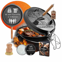 GUSSKÖNIG Dutch Oven Set-Eingebrannter Dutch Oven 4,5L [1-3 Person]-Feuertopf Gusseisen ohne Füßen-Schmortopf Doppelfunktion-2in1 Deckelheber,Untersetzer,Bürste,DutchOven Rezeptbuch-30 Jahre Garantie Ohne Füße 4.5 Liter Angebot bei HelloDeals