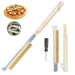 Pizzastein Bürste & Pizza Ofen Bürste mit Edelstahlschaber - Messingborsten Holzgriff (Hängeöse) - Pizzaofen Besen für Grillrost, Outdoor Pizza Besen, Grillbürste Messing & Drahtbürste Grill 21 in Angebot bei HelloDeals