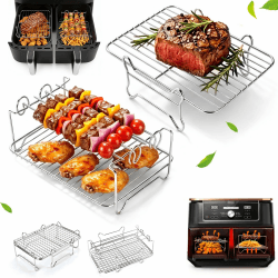 Edelstahl Grillrost Airfryer für Ninja & COSORI Dual Zone 7,6L-10,4L | 2 Stück Heißluftfritteuse Zubehör, Gitter Stapelbar mit 4 Spießen, für Ninja AF400EU / AF500EU / SL400EU & COSORI 8,5L/10L Ninja & COSORI 7,6L–10,4L Angebot bei HelloDeals