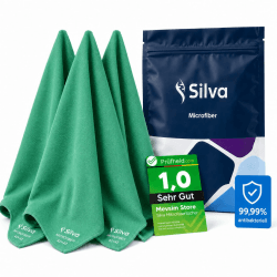 Silva [Test SEHR GUT, Note 1.0 Mikrofasertücher 42x42 cm extra groß 3er Set Grün | Mikrofaser Handtuch für Glas, Spiegel, Küche, Bad & Auto – streifenfreie Microfaser Putztücher Grün 3 Pack Angebot bei HelloDeals