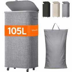 Lifewit 105L Wäschekorb mit Rollen und Deckel, Hellgrau | Faltbarer Wäschesortierer mit herausnehmbarem Wäschesack und Kunststoffrahmen, große Wäschebox für Schlafzimmer und Bad Hellgrau 105L Angebot bei HelloDeals