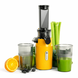 Ventray Ginnie Entsafter | Slow Juicer mit 60 U/min | 45mm Öffnung | Rückwärts Funktion und Zwei Filtergrößen | BPA Freie | 100 Watt | Leicht zu Reinigen & Leiser | Schlankes Design | 400ml, Gelb Sonniges Gelb Angebot bei HelloDeals