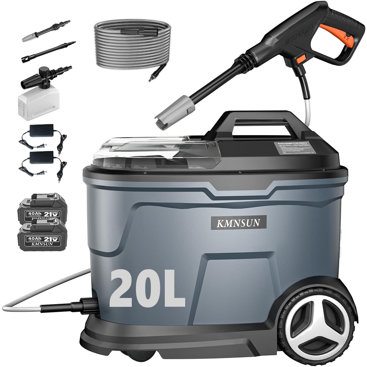 Hochdruckreiniger mit Wassertank, 20 L Akku Hochdruckreiniger mit Wassertank, Debiet: 4 L/min, max. 60 bar, 4000 mAh Accu x 2, Ladegerät x 2, Schaumdüse, 5 m Slang Angebot bei HelloDeals