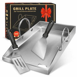 Grillplatte Plancha, 4 mm starker Edelstahlgrill für Gas- und Holzkohlegrills 40 x 30 x 4 cm, mit abnehmbarem Griff, mit 2 Grillspatel-Set,Grillgeschenke für Männer und Frauen Angebot bei HelloDeals