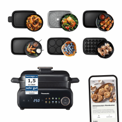 Panasonic NF-GM600 6-in-1 Elektro-Multikocher, Elektro Tischgrill, Testsieger 1.5, Plancha, Braten, Slow Cook, BBQ, Dämpfen, Sautieren, 1400W, 40–250 C, 9 Auto-Modi, 6 Antihaftplatten, Rauchabsaugung 6 Zubehörteile Angebot bei HelloDeals