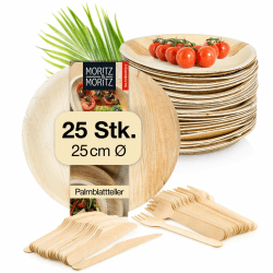 Moritz & Moritz Nachhaltiges Palmblatt Geschirrset für 25 Personen - 25 Teller Einweg Ø 25 cm - 25 Holzbesteck Einweg - Alternative zu Bambusteller und Bambus Geschirrset 25x Rund 25cm Angebot bei HelloDeals