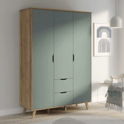Forte VANKKA Kleiderschrank 140, Schrank mit 3 Türen und 2 Schubladen, Holzwerkstoff, Planked Eiche Dekor/Salbei, 139,4 cm breit, 201,5 cm hoch, 52,7 cm tief Salbei und Eiche 3-türig Kleiderschrank Angebot bei HelloDeals