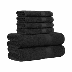 Amazon Basics Handtücher-Set, 100% Baumwolle, Farbecht, Saugfähig, 2 Badetücher, 4 Handtücher, 6-teilig, Schwarz 2 Badetücher und 4 Händehandtuch Schwarz Angebot bei HelloDeals