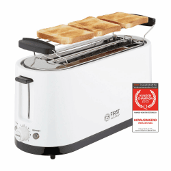 TZS First Austria - Toaster 4 Scheiben Langschlitz 1400W mit Krümelschublade | Brötchenaufsatz | wärmeisoliertes Gehäuse, Temperatureinstellung, Edelstahlgehäuse, Auftaufunktion, Brotzentrierung 1400W - weiß - 4 Scheiben Angebot bei HelloDeals