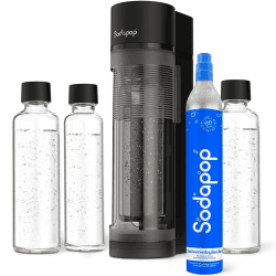 Sodapop Wassersprudler Logan, Set mit 3 Glasflaschen (2 × 850 ml und 1 × 600 ml) und 1 CO₂-Zylinder, Matt Schwarz, Höhe 42,6 cm 3 x Glasflasche Angebot bei HelloDeals