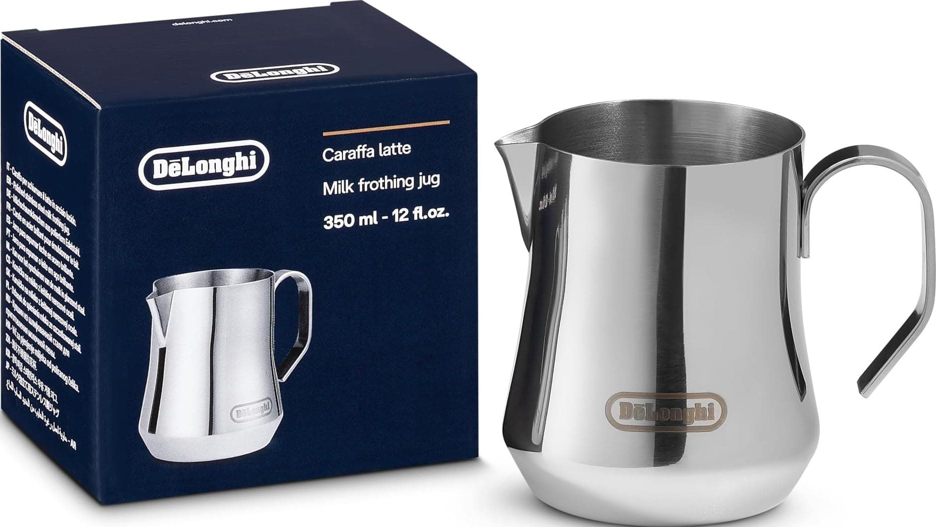 De'Longhi Milchkännchen DLSC060, Milchkännchen für manuelles Aufschäumen, ergonomischer Griff, Kapazität 350 ml, Edelstahl Angebot bei HelloDeals