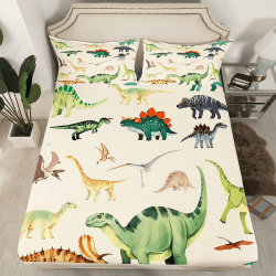 Loussiesd Dinosaurier Spannbettlaken 90x200cm Für Kinder Jungen Teens Dschungel Dino Spannbetttuch Wild Tier Bettlaken Set 3D Digital Drucken Zimmer Dekor Bettlaken mit 1 Kissenbezug Beige Grün 90x200+80x80x1 Angebot bei HelloDeals