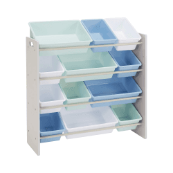 Amazon Basics Kids Toy Storage Organizer with 12 Plastic Bins - Grey Wood with Blue Bins Angebot bei HelloDeals