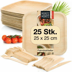 Moritz & Moritz Nachhaltiges Palmblatt Geschirrset für 25 Personen - 25 Teller Einweg 25 x 25 cm - 25 Holzbesteck Einweg - Alternative zu Bambusteller und Bambus Geschirrset 25x Eckig 25cm Angebot bei HelloDeals