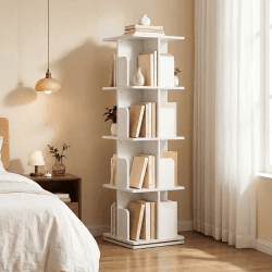 Drehbares Bücherregal 360° Frei, Bücherregal Drehbar Weiß, Bücherregal Kinder, für Wohnzimmer, Arbeitszimmer, Büro, als Raumteiler, 4 Ebenen Weiß 4-Ebenen Angebot bei HelloDeals