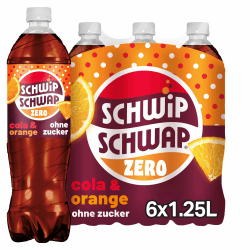 SCHWIPSCHWAP ohne Zucker – Koffeinhaltiges Cola-Erfrischungsgetränk mit Orange in Flaschen aus 100% recyceltem Material, EINWEG (6 x 1.25 l) Angebot bei HelloDeals