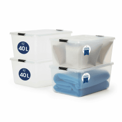 Iris Ohyama Aufbewahrungsboxen mit Deckel, 40L, 4er-Set, Transparent, Sicherer Verschluss, Stapelbar, Griffe, Schlafzimmer, Schrank, Büro, Organisation, BPA-freies Plastik, Ordnungsboxen, FTB-40 Matt 40L 4er-Set Angebot bei HelloDeals