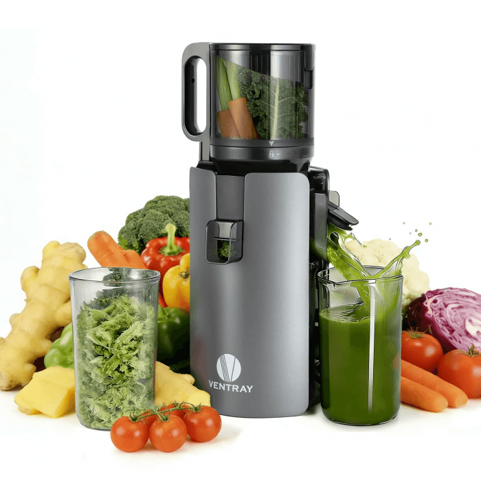Ventray Ginnie Entsafter | Slow Juicer mit 120 mm Einfüllschacht | 1.2 L Füllvolumen | Doppelte Filterung | Zweite Pressung | BPA-frei | 250W | Einfache Reinigung | Entsafter für Ganze Gemüse und Obst Schwarz Angebot bei HelloDeals