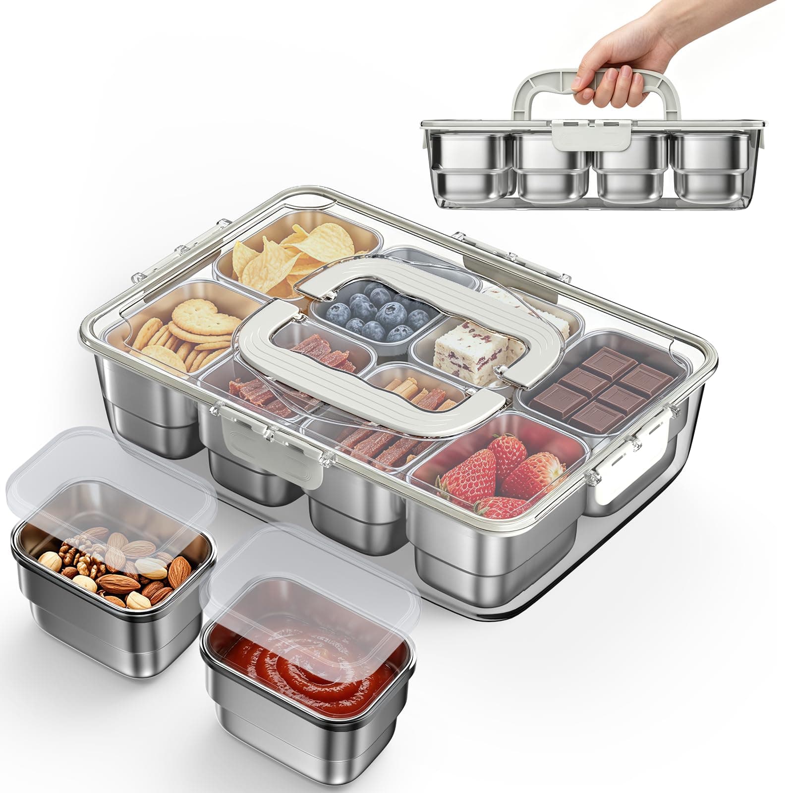 HiTauing Snackbox mit 8 Edelstahl Fächern, Snackteller mit Griff und 8 Einzelnen Deckeln, Verhindert Geruchsübertragung Ldeal, Leicht zu Reinigen Angebot bei HelloDeals