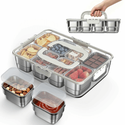 HiTauing Snackbox mit 8 Edelstahl Fächern, Snackteller mit Griff und 8 Einzelnen Deckeln, Verhindert Geruchsübertragung Ldeal, Leicht zu Reinigen Angebot bei HelloDeals