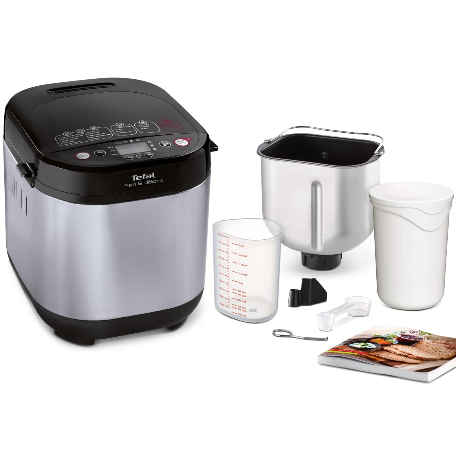 Tefal Brotbackautomat Pain & Délices, 20 Backprogramme, 3 Brotgrößen und Bräunungsstufen einstellbar, auch für Kuchen - Pizza - Nudelteig, Backform antihaftbeschichtet, schwarz/Edelstahl, PF240E Angebot bei HelloDeals