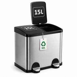 Amig - Doppelter Abfalleimer Recycling Mod. RECIK2-2 x 15L - 30 Liter - Mit 2 Fächern und Öffnung mit Pedal - 48x32x40 cm - Fassungsvermögen 15 l pro Behälter - Hermetischer Deckel - Edelstahl Silber 2 Fächer Angebot bei HelloDeals