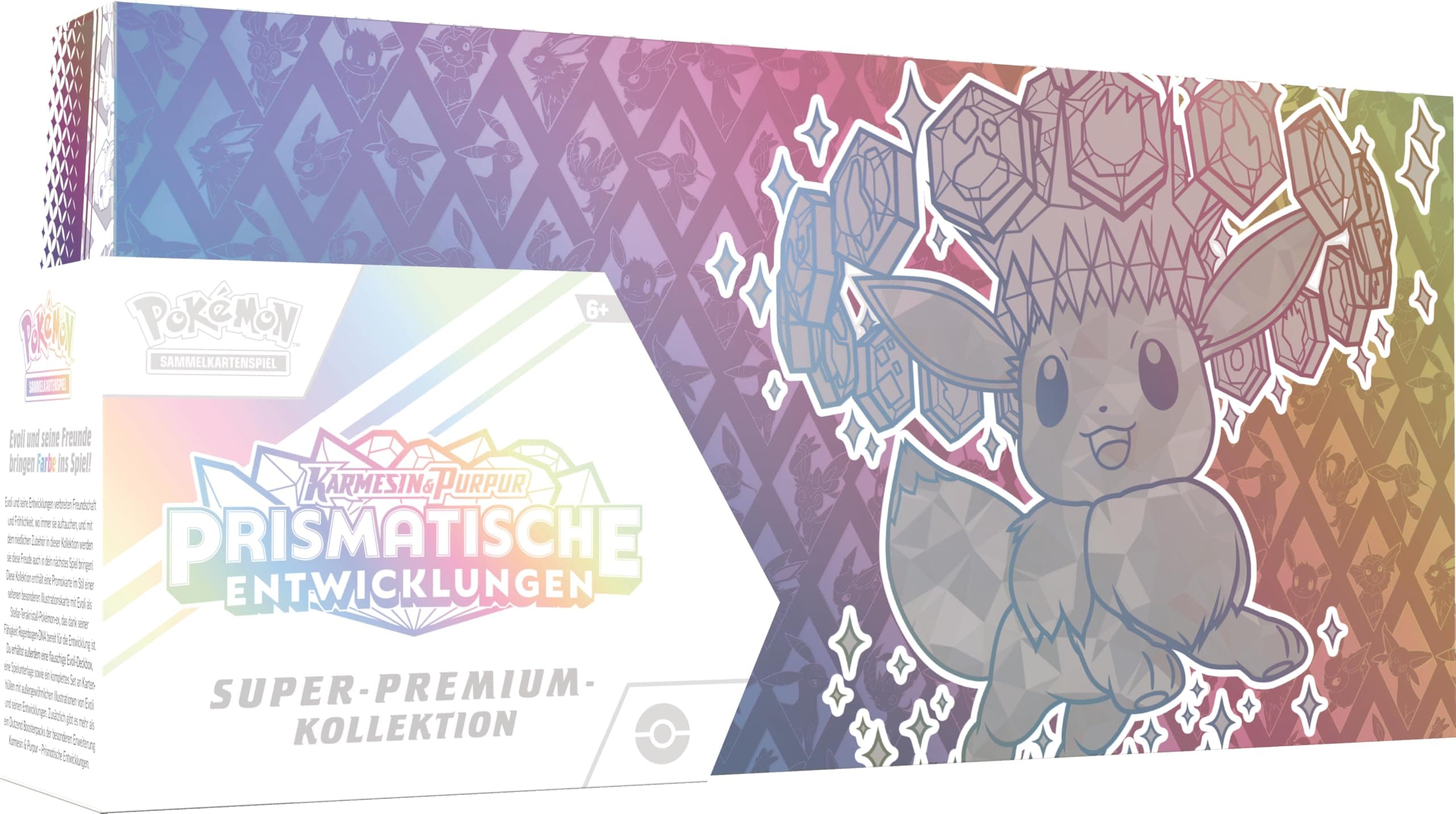 Pokémon-Sammelkartenspiel: Super-Premium-Kollektion Karmesin & Purpur – Prismatische Entwicklungen (1 holografische Vollbild-Promokarte,1 Flauschige Evoli-Deckbox & 15 Boosterpacks) Angebot bei HelloDeals