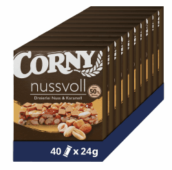 Nussriegel Corny Nussvoll Dreierlei Nuss & Karamell | 3 Nusssorten | 40x24g Dreierlei Nuss und Karamell Angebot bei HelloDeals