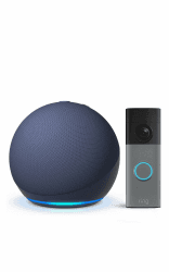 Echo Dot (Neueste Generation), Tiefseeblau + Ring Akku-Videotürklingel (Battery Video Doorbell) (neueste Gen.), Gesprenkeltes Grau Angebot bei HelloDeals