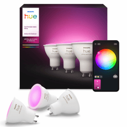 Philips Hue White & Color Ambiance GU10 LED Spot 3er Pack (400 lm), dimmbare LED Lampen für das Hue Lichtsystem mit 16 Mio. Farben, smarte Lichtsteuerung über Sprache und App 400lm - neue Generation 3er Pack Angebot bei HelloDeals
