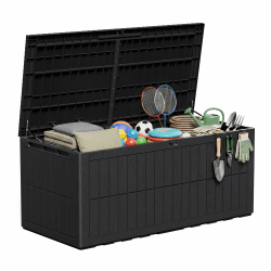 Amopatio Auflagenbox 680 Liter, Gartenbox XXL Wasserdicht aus Resin, Kissenbox für Balkon, Garten & Terrasse, Aufbewahrungsbox Wetterfeste mit Gasdruckfeder, Schwarz 180 Gallon/680L Angebot bei HelloDeals