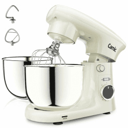 Camic Küchenmaschine mit LED-Display, Zeit Einstellen, Knetmaschine mit Rührhaken, Knethaken, Schlagbesen, 10 Stufen, 2 Edelstahlschüsseln 4L+5L, für Teig, Brot, Pizza, Kuchen (White) Angebot bei HelloDeals