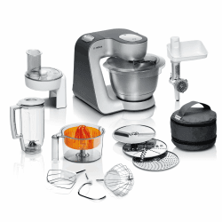 Bosch Küchenmaschine Serie 4, Schüssel 3,9 L spülmaschinenfest, Mixer 1,25 L, Fleischwolf, Zitruspresse, Knethaken, Rührbesen, Durchlaufschnitzler, 3 Scheiben, 900 W, Anthrazit/Silber, MUM56340 Angebot bei HelloDeals