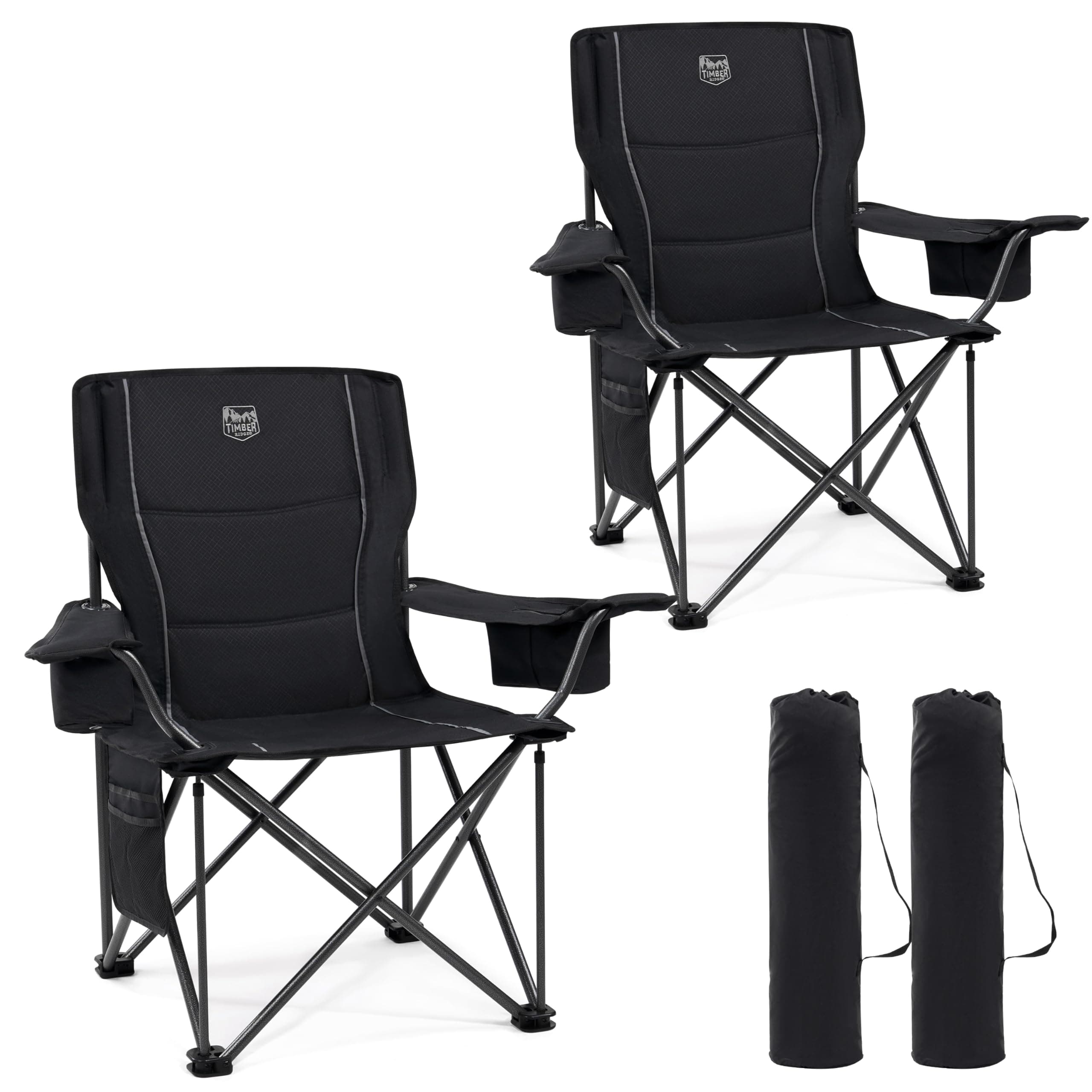 TIMBER RIDGE XXL Campingstuhl 🏕️ Faltbar 200KG Belastbar Übergroßer Bequem Gepolster Klappstuhl Camp Garten Balkon Strand Camping Stuhl Sessel Gartenstuhl Anglerstuhl Regiestuhl Schwarz 2 Pcs