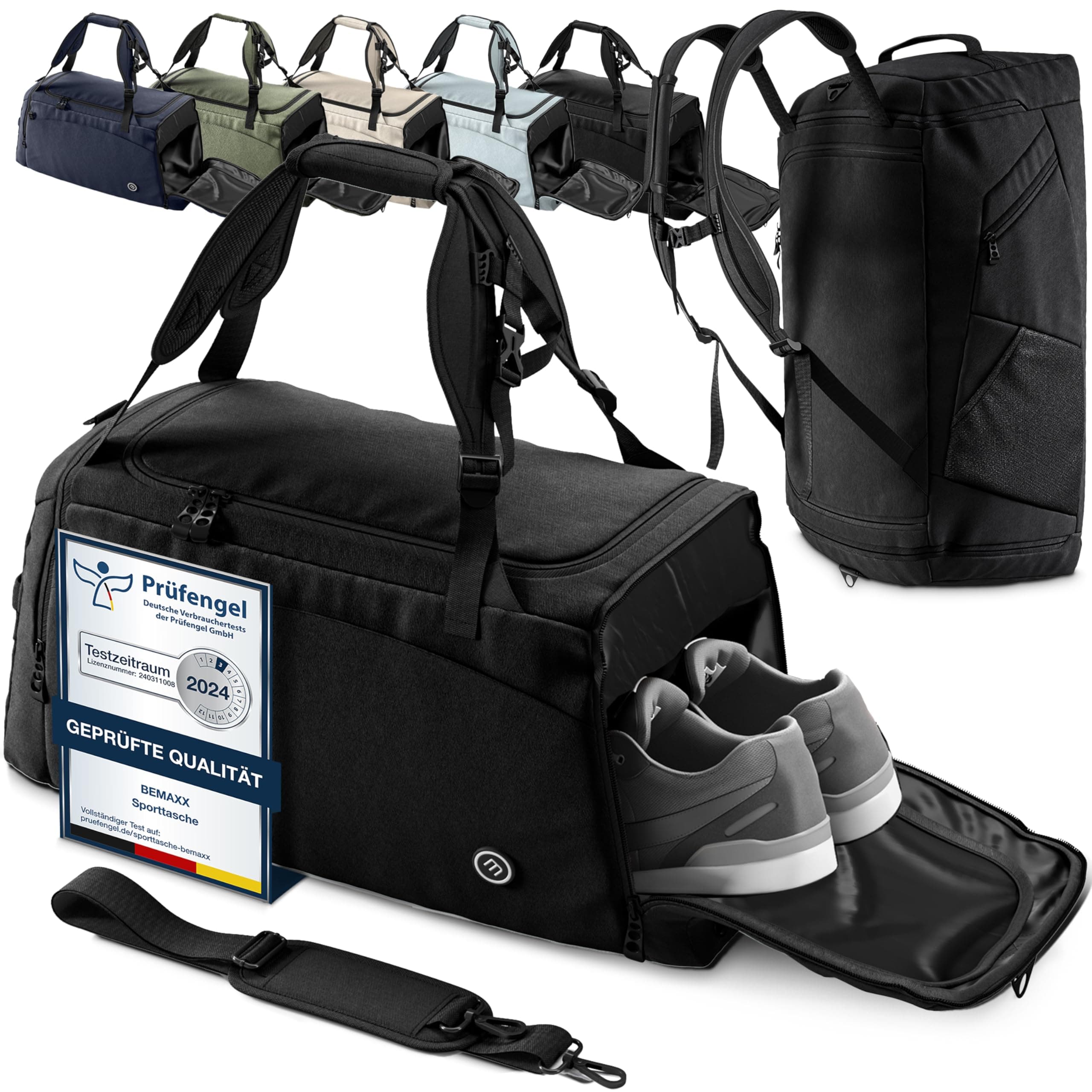 Sporttasche Trainingstasche + Rucksack-Funktion, Schuhfach, Nassfach | 40/60L Reisetasche Schwarz