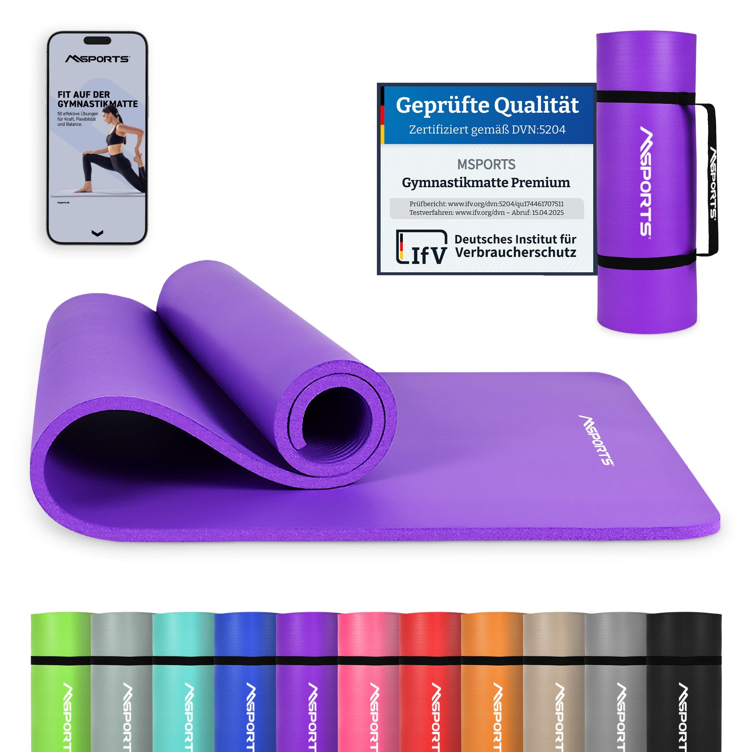 MSPORTS Gymnastikmatte Premium inkl. Tragegurt + Übungsposter + Workout App - Violett