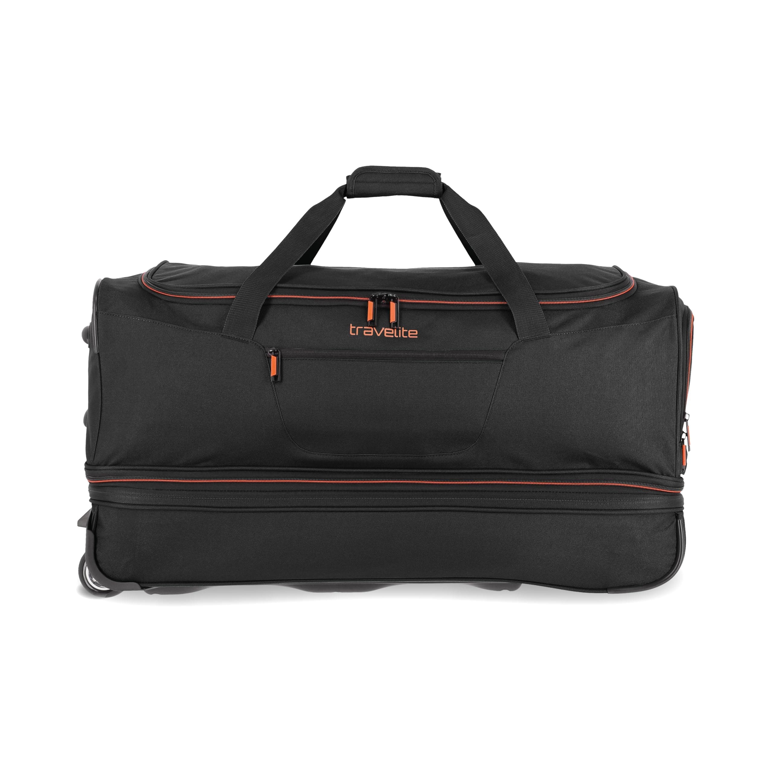 🧳 Travelite Trolley Reisetasche mit Rollen groß, erweiterbares Volumen, Basics, Weichgepäck Rolltasche mit Dehnfalte, 70 cm, 98-119 Liter Schwarz/Orange 70 cm