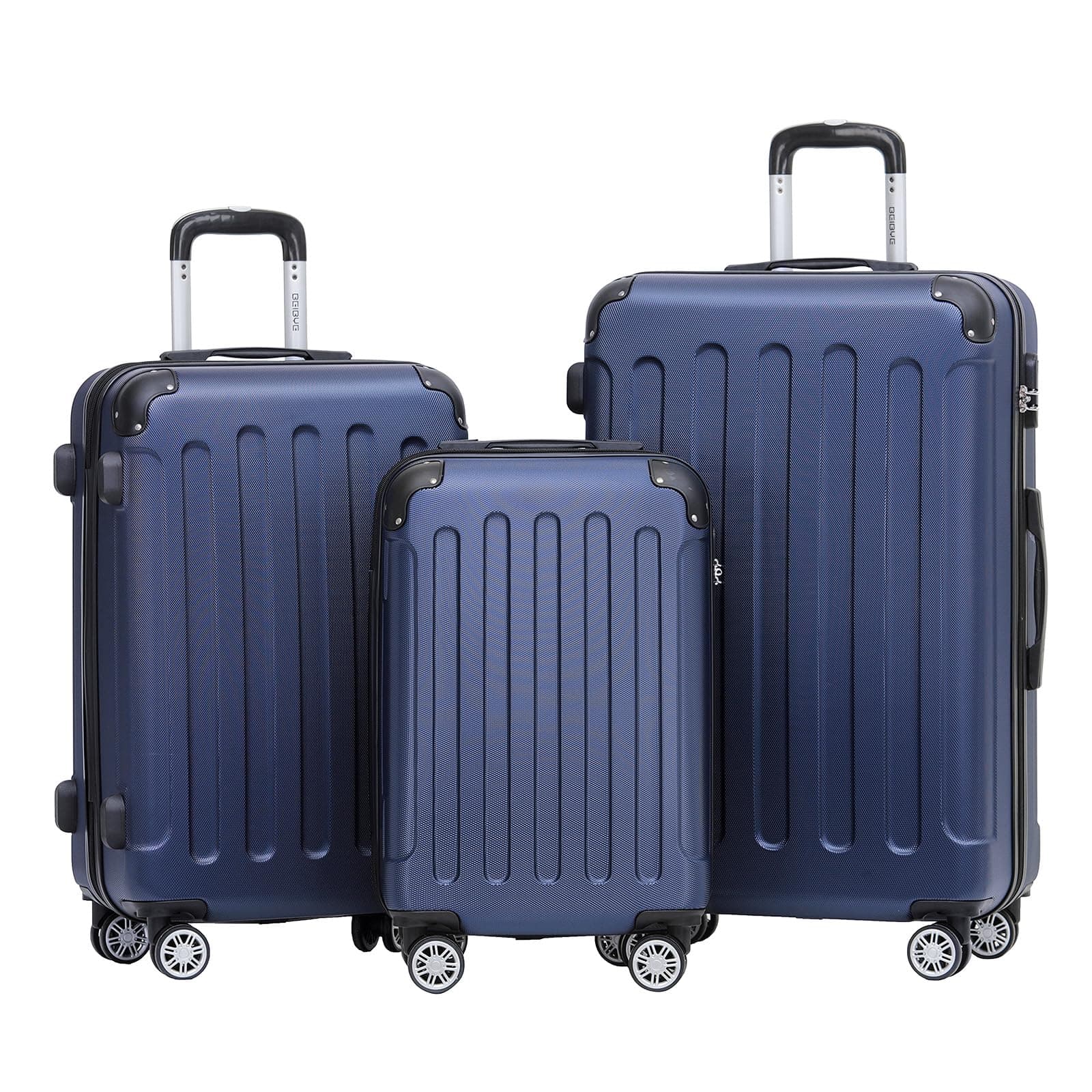 🧳 BEIBYE Hartschalen-Koffer Trolley Rollkoffer Reisekoffer Sicherheit Zahlenschloß Zwillingsrolle ABS Material Handgepäck 4 Rollen (M-L-XL-Set) (Dunkelblau, Set) Dunkelblau Set