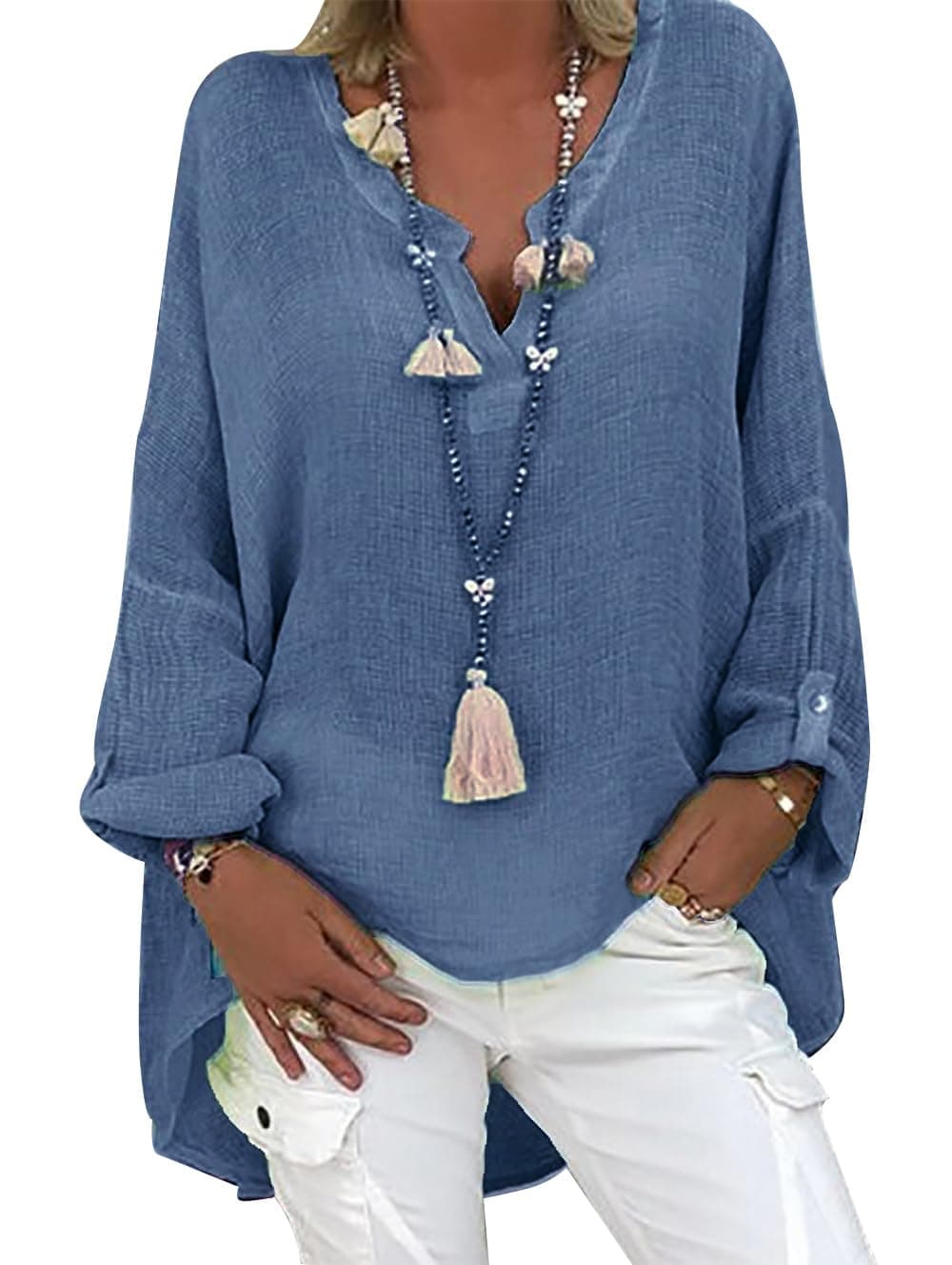 🌸 Tincini Leinenbluse Damen Sommer Tunika V-Ausschnitt Große Größen Blusenshirt Langarmshirt 🌺