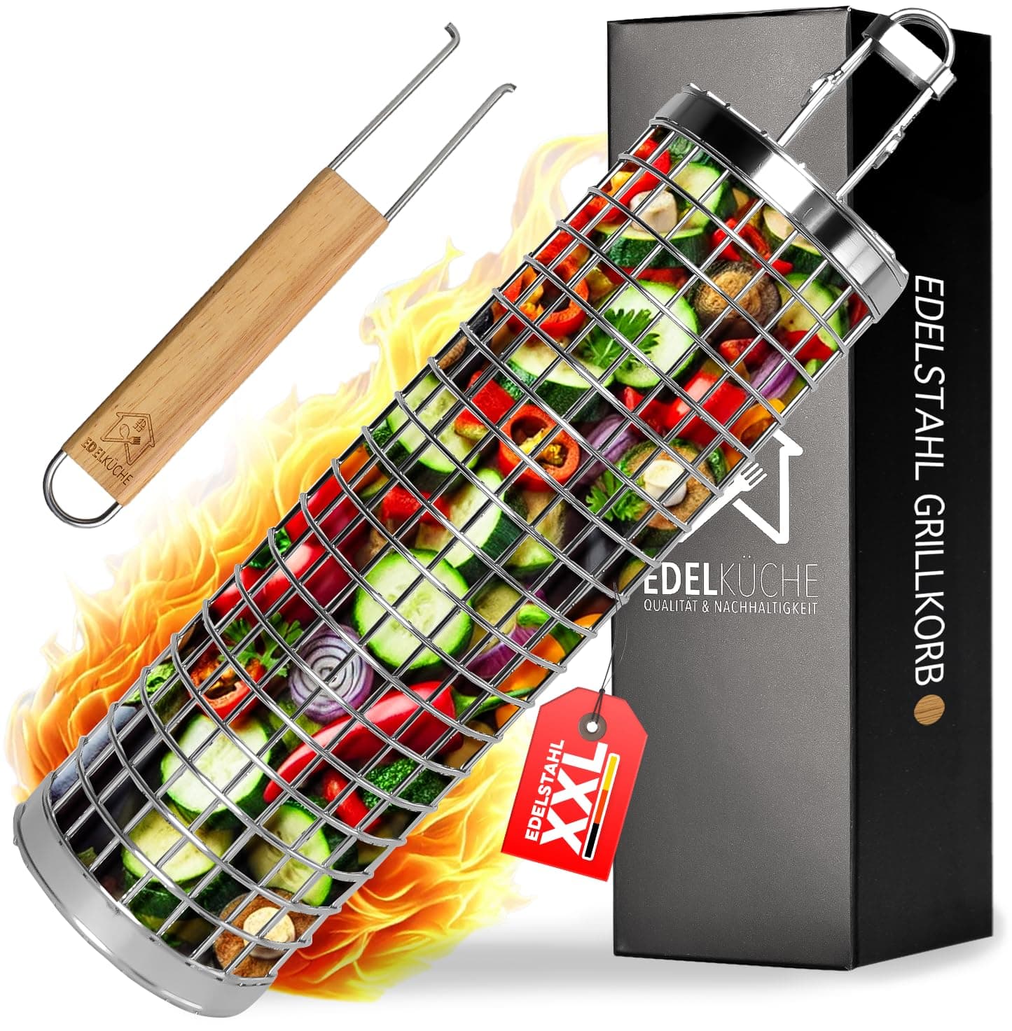 EdelKüche Premium Grillkorb (XXL) 🌟 Grillzubehör aus Edelstahl 🍖 Rund, Zylindrisch 🎁
