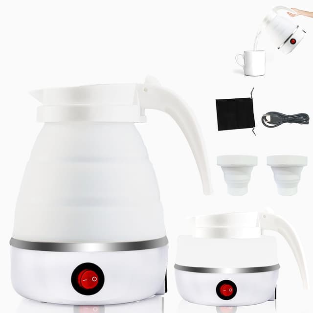🔥 Piashow Wasserkocher Faltbar, 600ml Camping Wasserkocher Mini Reisewasserkocher Klein Silikon Faltbarer Wasserkessel mit 2 Faltbecher, Tragbarer Elektrischer Wasserkocher für Camping, Reise, Outdoor Weiß - Angebot
